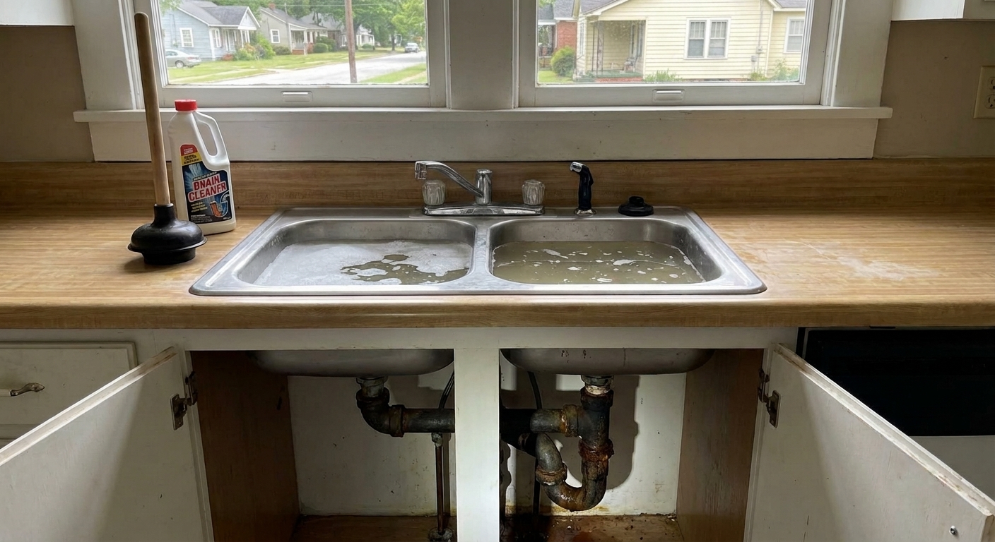 Kitchen drain backup in Greer home with standing water in sink